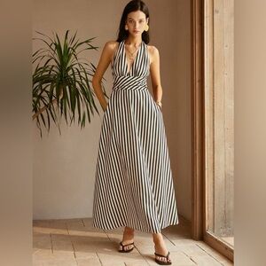 Commense Halter Black and White Striped Maxi Dress — Large